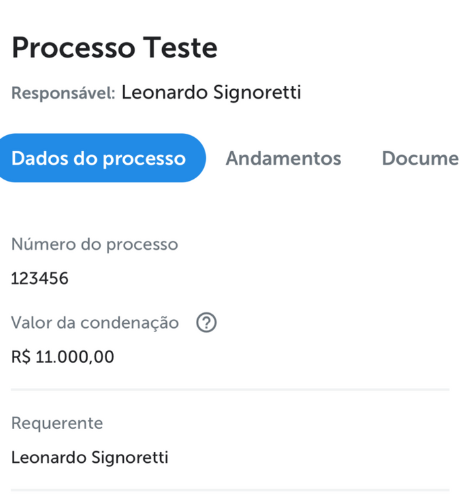 Ficha do processo exibindo Dados do processo e Andamentos