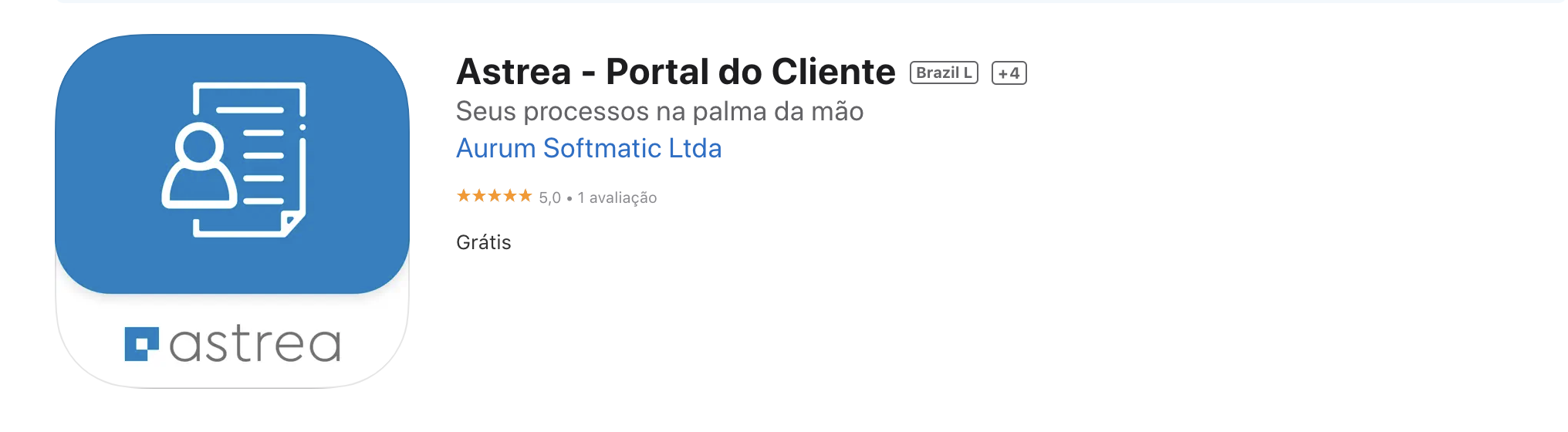 Resultado de busca na App Store mostrando o aplicativo oficial Astrea - Portal do Cliente.