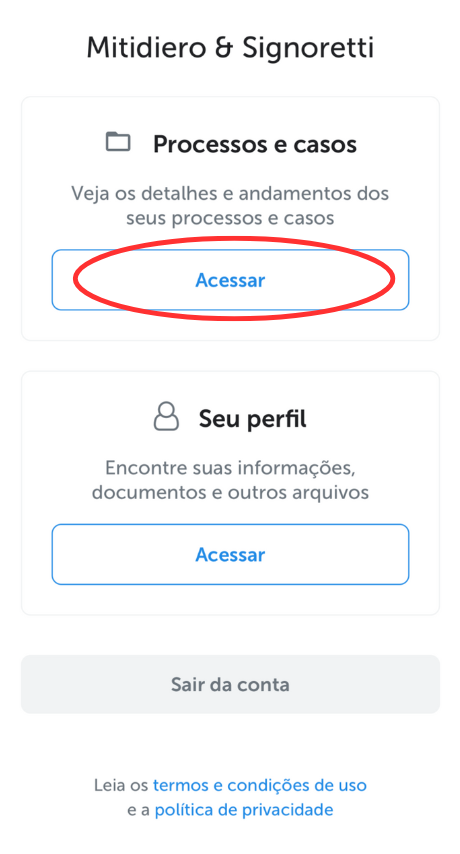 Tela inicial do aplicativo com o módulo Processos e Casos