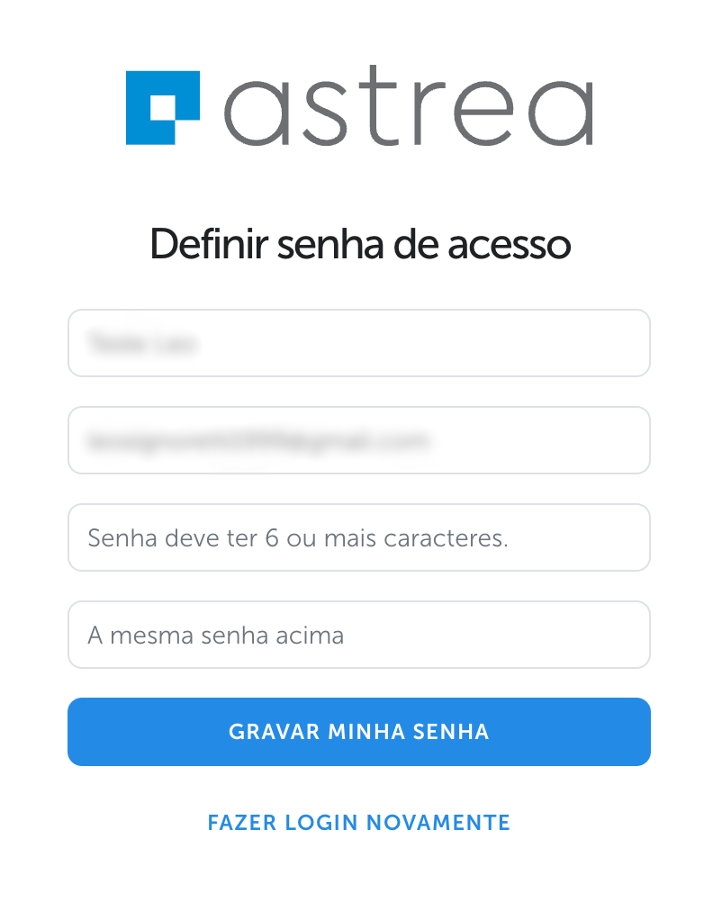 Tela oficial do Astrea para criação da senha pessoal de acesso do cliente.